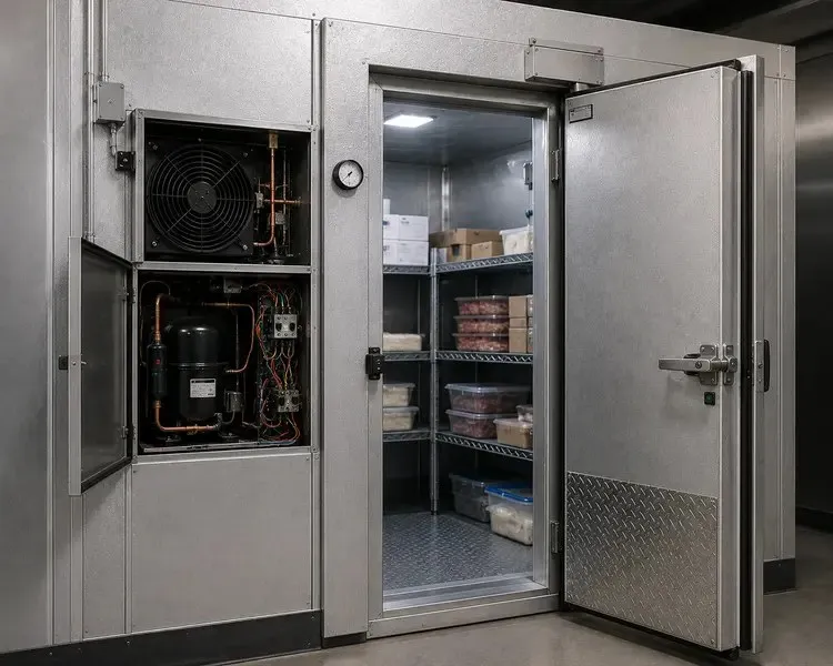 Walk-in cooler with its refrigeration equipment — compressor, condenser fan, and copper lines — open for service